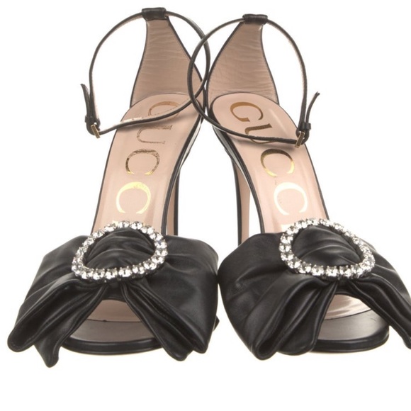 Gucci Women's Ilse Big Bow Crystals Soft Black Leather Stiletto Sandals 36.5 - Picture 2 of 11